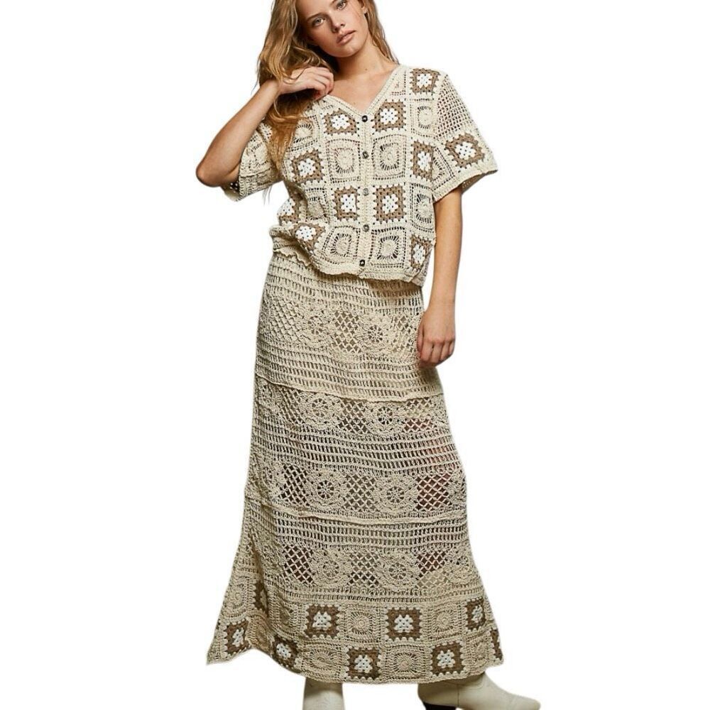 Boho Crochet Maxi Skirt Cream Black Granny Square Patchwork Long Knit Skirt OS - Picture 6 of 7